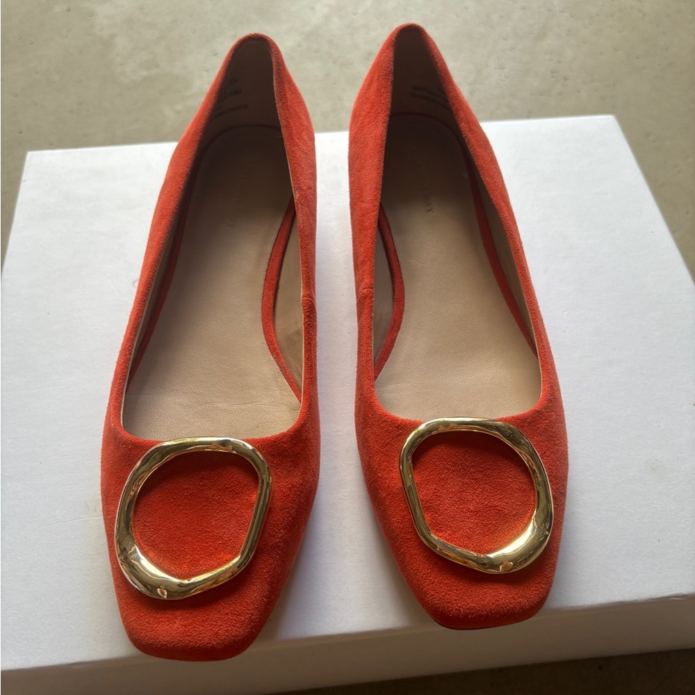 SOMETHING NAVY Orange Suede Lily Square Toe Ballet Flats Buckle